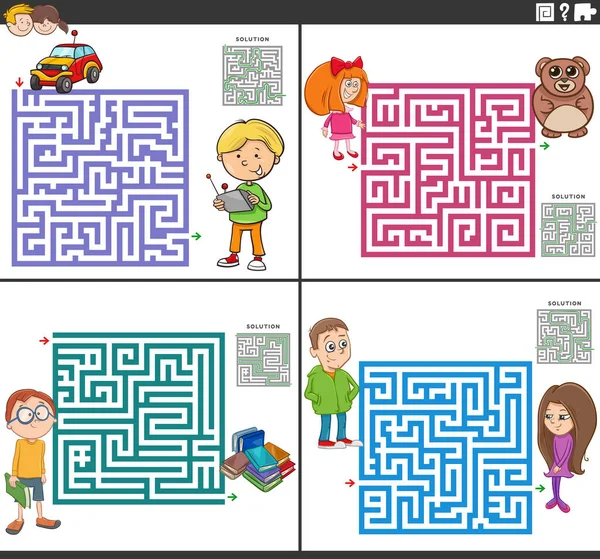 Dibujos Animados Ilustración Juegos Puzzle Laberinto Educativo Con Personajes Infantiles — Archivo Imágenes Vectoriales