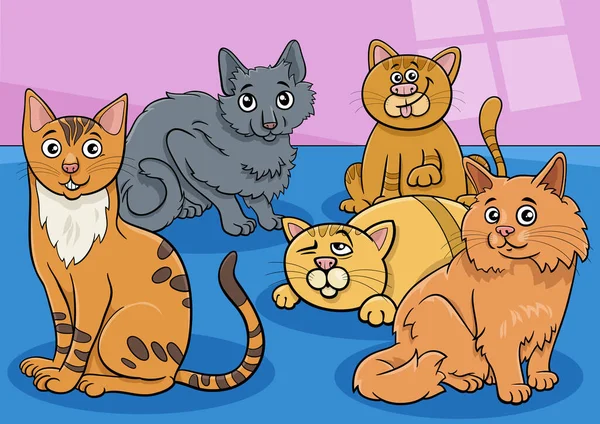 Komik Kedilerin Çizgi Film Çizimi Komik Hayvan Karakterleri Grubu — Stok Vektör