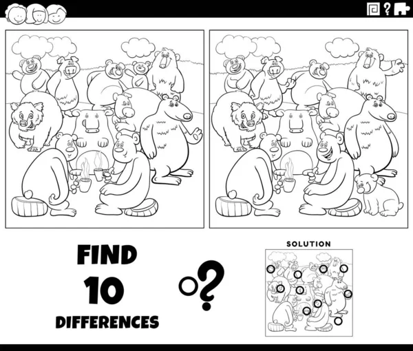 Black White Cartoon Illustration Finding Differences Pictures Educational Activity Bears — Stock Vector