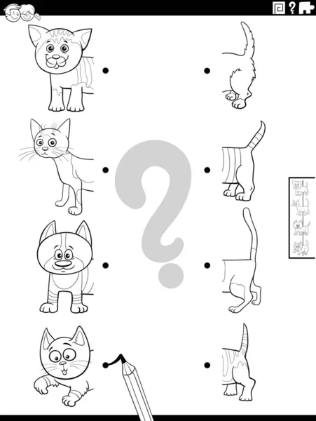 Černobílé Kreslené Ilustrace Vzdělávací Hry Odpovídající Poloviny Obrázků Legrační Kočky — Stockový vektor