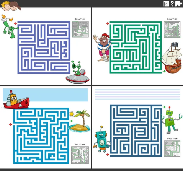 Dibujos Animados Ilustración Juegos Puzzle Laberinto Educativo Conjunto Con Personajes — Vector de stock