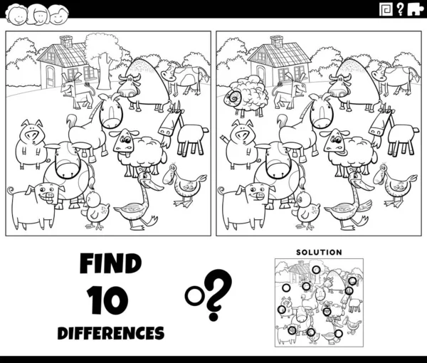 Black White Cartoon Illustration Finding Differences Pictures Educational Game Farm — Vetor de Stock