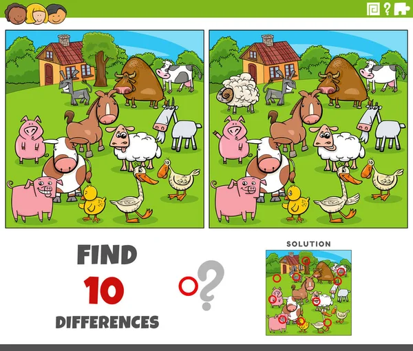 Cartoon Illustration Finding Differences Pictures Educational Game Farm Animal Characters — Archivo Imágenes Vectoriales