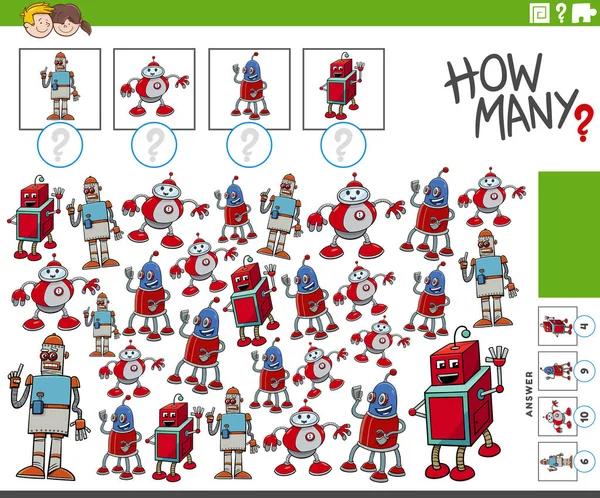 Ilustracja Edukacyjnej Gry Liczenia Zabawnymi Postaciami Robota Kreskówki — Wektor stockowy