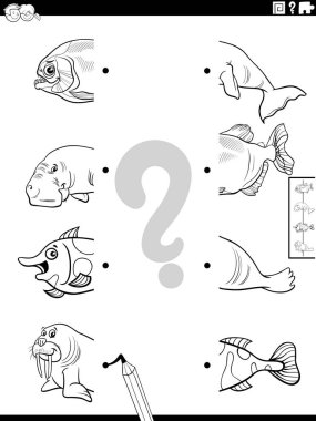 Eğitim oyununun siyah beyaz karikatür çizimi. Deniz hayvanlarıyla resimlerin yarısının eşleşmesi. Karakter boyama sayfası.