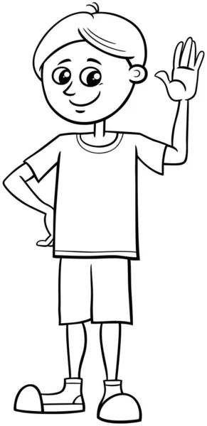 Black White Cartoon Illustration Elementary Teen Age Boy Character Waving — Stock Vector