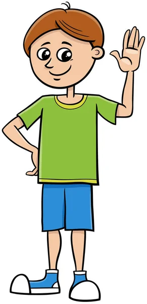 手を振っている小学生や10代の男の子のキャラクターの漫画イラスト — ストックベクタ