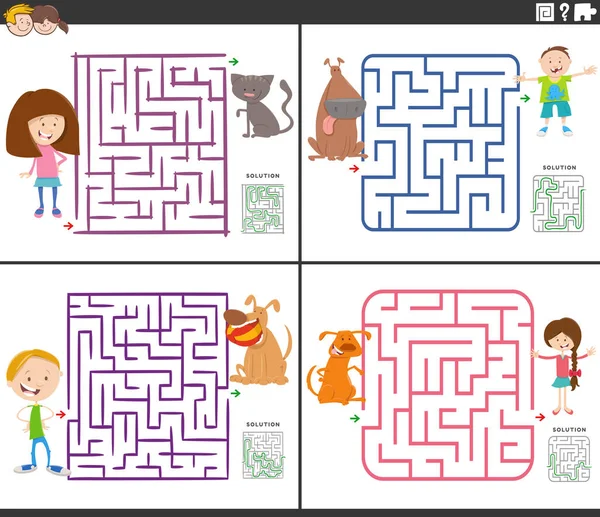 Dibujos Animados Ilustración Juegos Puzzle Laberinto Educativo Conjunto Con Niños — Archivo Imágenes Vectoriales