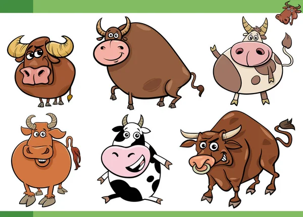 Γελοιογραφία Απεικόνιση Των Ταύρων Ζώων Αγρόκτημα Κόμικς Σύνολο Χαρακτήρων — Διανυσματικό Αρχείο
