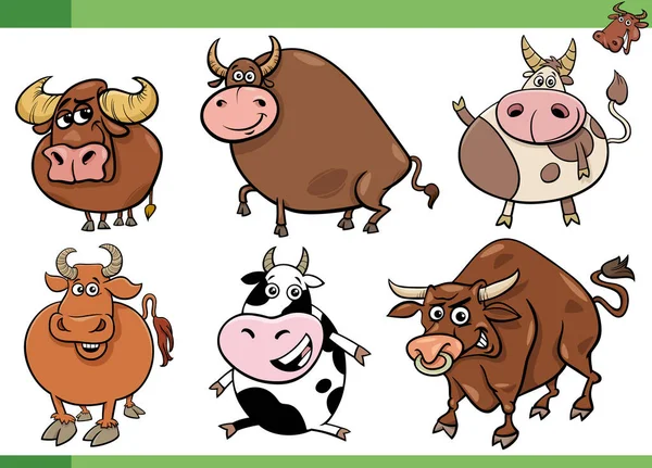 Cartoon Illustratie Van Stieren Boerderij Dieren Stripfiguren Set — Stockvector