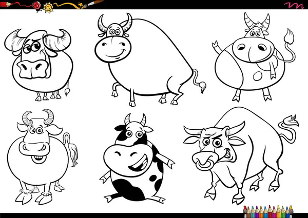 Illustrazione Bianco Nero Del Cartone Animato Tori Fattoria Animali Personaggi — Vettoriale Stock