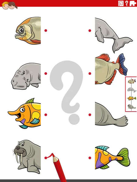 Kreskówka Ilustracja Gry Edukacyjnej Pasujące Połowy Zdjęć Zwierzętami Morskimi Znaków — Wektor stockowy