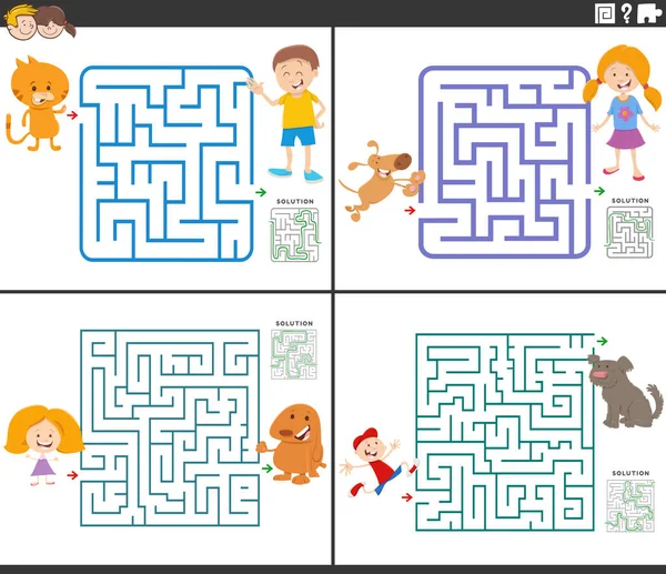 Cartoon Ilustrace Vzdělávací Bludiště Puzzle Hry Set Dětmi Mravenci Jejich — Stockový vektor
