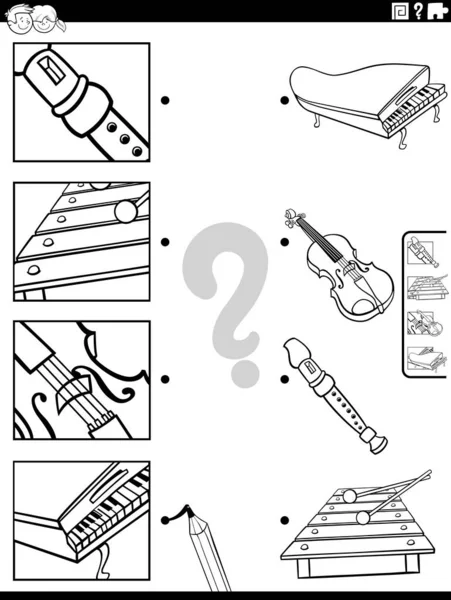 Dibujos Animados Blanco Negro Ilustración Actividad Educativa Juego Con Instrumentos — Vector de stock