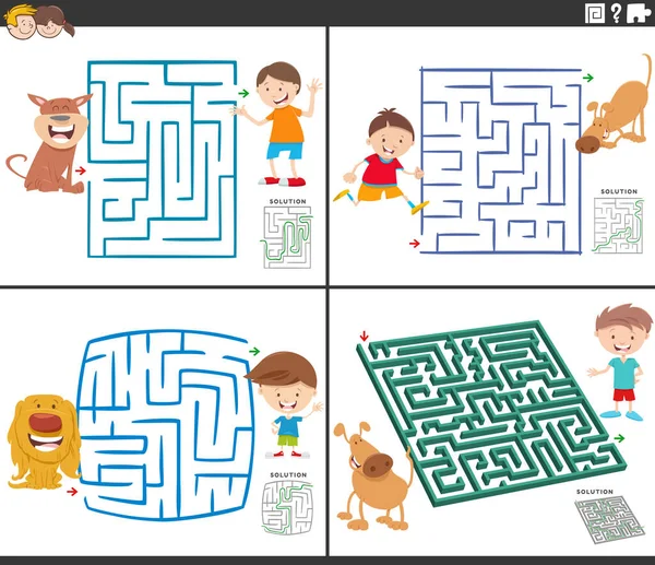 Illustrazione Cartone Animato Giochi Puzzle Labirinto Educativo Insieme Con Ragazzi — Vettoriale Stock