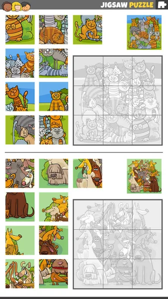 Cartoon Ilustrace Vzdělávací Puzzle Aktivity Set Kočkami Psy Zvířecí Znaky — Stockový vektor