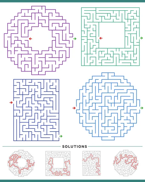 Illustration Maze Puzzle Games Graphs Set Solutions — Stock Vector
