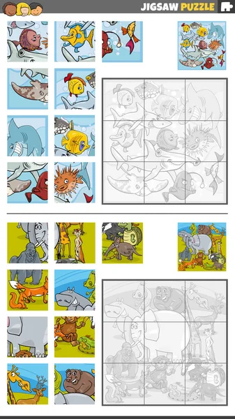 動物キャラクターグループで設定された教育ジグソーパズル活動の漫画イラスト — ストックベクタ