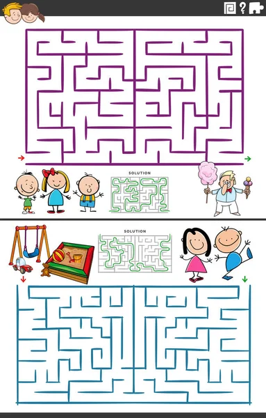 子供の文字で設定された教育迷路パズルゲームの漫画イラスト — ストックベクタ