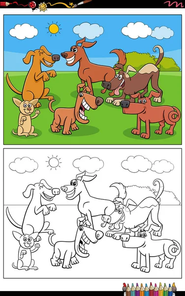 有趣的狗和小狗的卡通图片说明动物字符群着色页 — 图库矢量图片