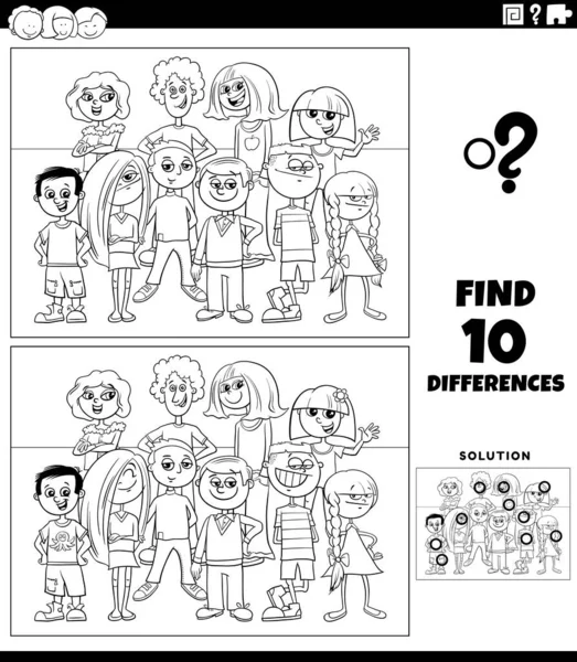 Ilustrasi Kartun Hitam Putih Menemukan Perbedaan Antara Gambar Permainan Pendidikan - Stok Vektor