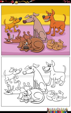 Komik köpek ve köpek yavrularının çizgi film çizimleri. Hayvan karakterleri grup boyama sayfası.