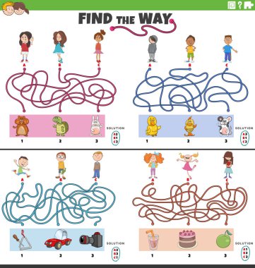 Çocuk karakterlerle labirent bulmaca oyunlarını bulmanın çizgi film çizimi