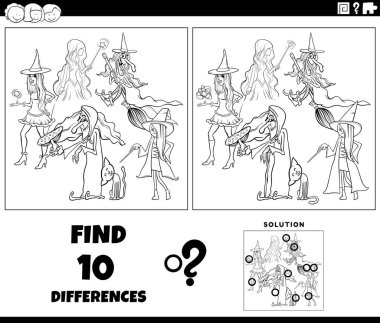 Cadıların fantezi karakter boyama sayfası ile eğitici resim etkinliği arasındaki farklılıkları gösteren siyah beyaz çizgi film çizimi