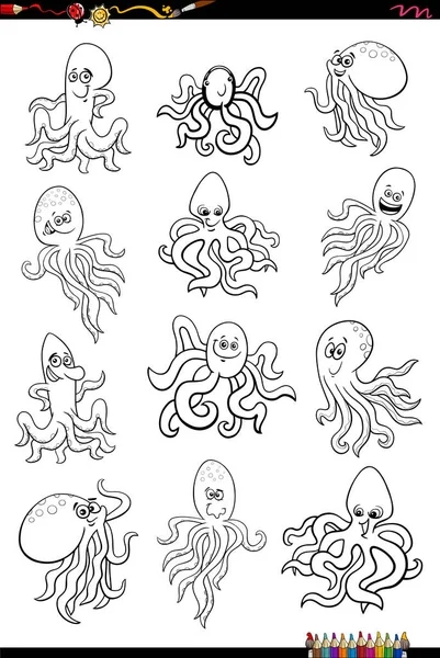 Černobílé Kreslené Ilustrace Chobotnice Mořských Živočichů Zbarvení Stránky — Stockový vektor