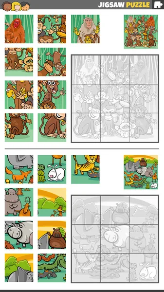 Cartoon Ilustrace Vzdělávací Puzzle Hry Set Zvířecími Znaky Skupiny — Stockový vektor