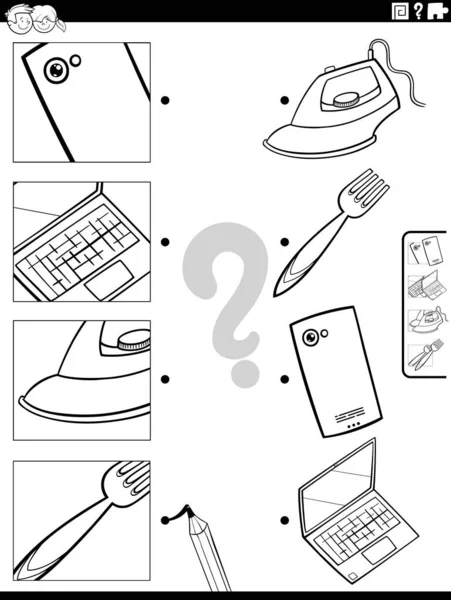 Zwart Wit Cartoon Illustratie Van Educatieve Matching Activiteit Met Objecten — Stockvector