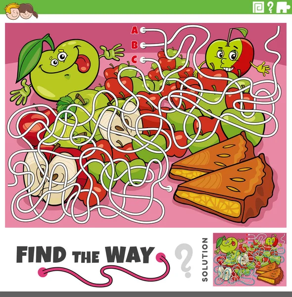 Cartoon Illustration Find Way Maze Puzzle Game Apple Apple Pie — Stock Vector