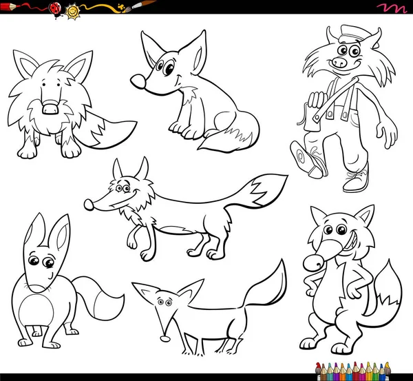 Black White Cartoon Illustration Foxes Animal Characters Set Coloring Page — Stock Vector
