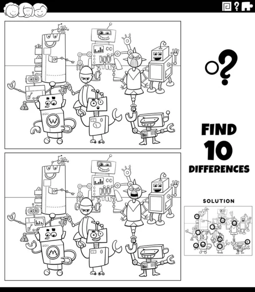 Robot Karakterlerin Grup Boyama Sayfası Ile Resim Eğitimsel Oyun Arasındaki — Stok Vektör