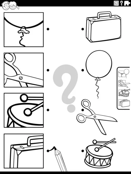 Schwarz Weiße Cartoon Illustration Der Pädagogischen Matching Aktivität Mit Objekten — Stockvektor