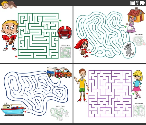 Cartoon Ilustrace Vzdělávací Bludiště Puzzle Hry Set Komickými Znaky — Stockový vektor