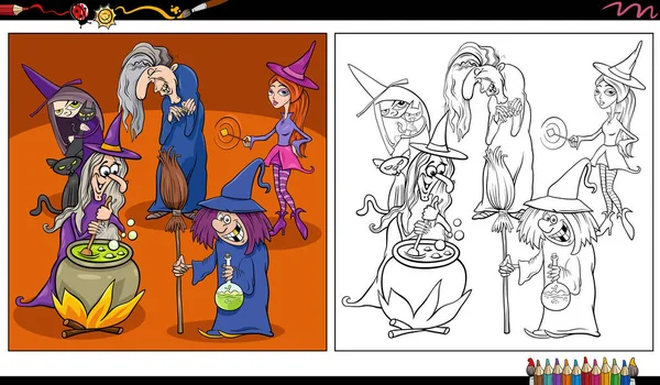 Dibujos Animados Ilustración Brujas Divertidas Personajes Fantasía Grupo Para Colorear — Archivo Imágenes Vectoriales