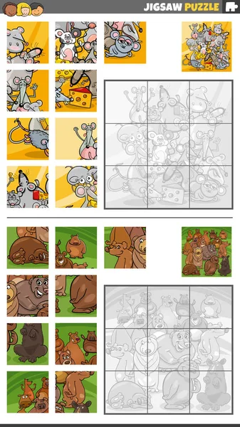 Ilustracja Kreskówki Edukacyjne Puzzle Działalności Zestaw Niedźwiedzi Myszy Zwierząt Znaków — Wektor stockowy