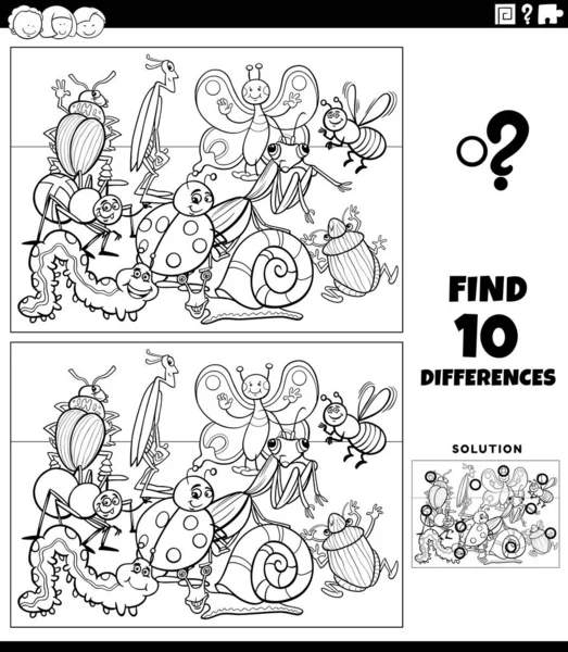 用黑白卡通图解发现昆虫群彩色图片教育游戏的差异 — 图库矢量图片