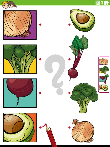 Cartoon Illustration Von Bildungsaktivitäten Mit Obst Und Gemüse Und Bildausschnitten — Stockvektor