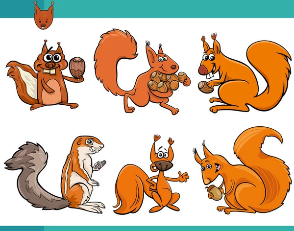 Zeichentrick Illustration Von Lustigen Eichhörnchen Comic Tierfiguren Gesetzt — Stockvektor