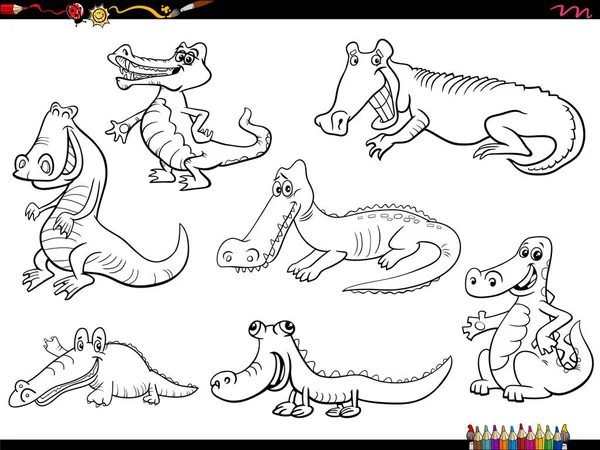 Czarno Białe Kreskówki Humorystyczne Ilustracja Krokodyle Zwierząt Znaków Zestaw Kolorowanki — Wektor stockowy