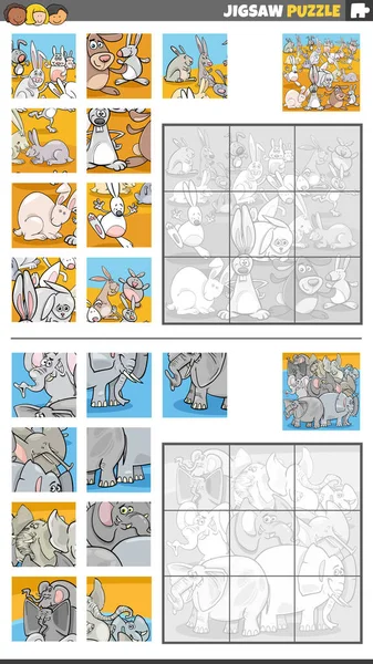 Tecknad Illustration Pedagogiska Pussel Spel Set Med Kaniner Och Elefanter — Stock vektor