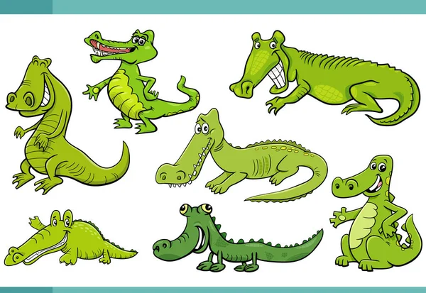 Мультфильм Иллюстрация Смешных Крокодилов Персонажи Комиксов Животных Набор — стоковый вектор