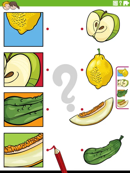 Meyve Sebze Fotoğraf Küpürleriyle Eğitici Eşleştirme Oyununun Çizgi Film Çizimi — Stok Vektör