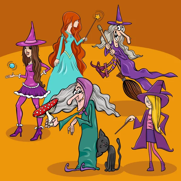 Rajzfilm Illusztráció Boszorkányok Mese Vagy Fantasy Karakterek Csoport — Stock Vector