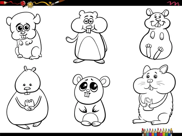 Black White Cartoon Illustration Funny Hamsters Comic Animal Characters Set — Stock Vector