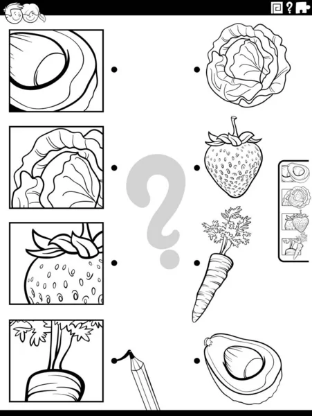 Dibujos Animados Blanco Negro Ilustración Tarea Educativa Juego Con Frutas — Vector de stock