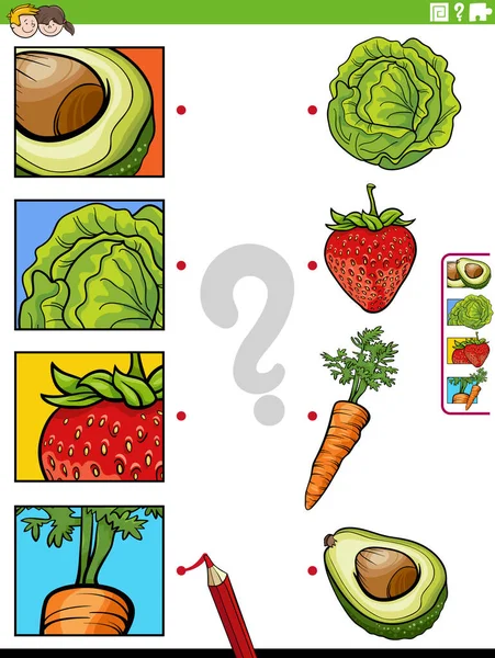 Dibujos Animados Ilustración Tarea Emparejamiento Educativo Con Frutas Verduras Imágenes — Vector de stock