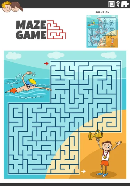 Cartoon Illustration Der Pädagogischen Labyrinth Puzzle Aktivität Mit Jungen Gewinnt — Stockvektor